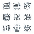 baby shower line icons. linear set. quality vector line set such as trolley, baby bottle, shirt, duck, dummy, train, baby girl,