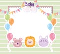 Baby shower lion bear and cat balloons card Royalty Free Stock Photo