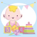 Baby shower, little boy with blocks candy and pyramid cartoon, announce newborn welcome card