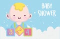 Baby shower, little boy with cubes toys cartoon, announce newborn welcome card Royalty Free Stock Photo