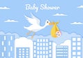 Baby Shower Little Boy or Girl with Cute Design Stork, Cloud Background Illustration for Invitation and Greeting Card