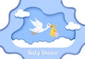 Baby Shower Little Boy or Girl with Cute Design Stork, Cloud Background Illustration for Invitation and Greeting Card