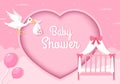 Baby Shower Little Boy or Girl with Cute Design Stork, Cloud Background Illustration for Invitation and Greeting Card Royalty Free Stock Photo