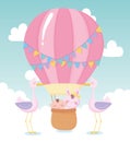 Baby shower, little boy and rabbit in basket storks, celebration welcome newborn