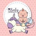 Baby shower little girl with bottle milk and cute unicorn Royalty Free Stock Photo