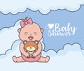 Baby shower little girl with teddy bear clouds Royalty Free Stock Photo