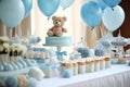 Baby shower party for boy. Tasty treats in room decorated with balloons Royalty Free Stock Photo