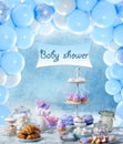 Baby Shower Party For Boy. Tasty Treats On Table In Room With Balloons