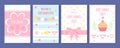 Baby shower party cards. Birthday invitation with cute kids elements. Cartoon newborn flyers vector set