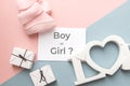 baby shower party. The definition of gender is a little girl or boy. Layout top view in a minimalist style on a pink and blue Royalty Free Stock Photo