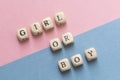 baby shower party. The definition of gender is a little girl or boy. Layout top view in a minimalist style on a pink and blue Royalty Free Stock Photo