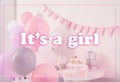 Baby shower party for girl. Treats in room decorated with balloons Royalty Free Stock Photo