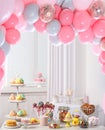 Baby shower party for girl. Treats on table in room decorated with balloons Royalty Free Stock Photo