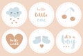 Baby Shower Party Stickers with Cloud, Heart, Cherries and Baby Boots. Baby Boy Party.