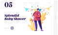 Baby Shower Party Website Landing Page, Girl Character Stand on Ladder Hugging Belly of Huge Pregnant Woman in Decorated Room