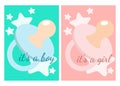 Baby shower posters set. Vector invitation with cute dummy for blue and pink flowers. Illustration in gentle pastel colors. Text