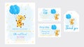 Baby Shower printable party invitation card template Baby boy on the way with Diaper Raffle, Book for baby and Thank you tag. Royalty Free Stock Photo