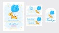 Baby Shower printable party invitation card template Baby boy on the way with Diaper Raffle, Book for baby and Thank you tag. Royalty Free Stock Photo