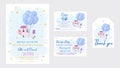 Baby Shower printable party invitation card template Baby boy on the way with Diaper Raffle, Book for baby and Thank you tag. Royalty Free Stock Photo