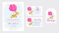 Baby Shower printable party invitation card template Baby girl on the way with Diaper Raffle, Book for baby and Thank you tag. Royalty Free Stock Photo