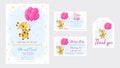 Baby Shower printable party invitation card template Baby girl on the way with Diaper Raffle, Book for baby and Thank you tag. Royalty Free Stock Photo