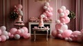 Baby Shower Room Interior Decoration with Pink Balloons and Cake, Kids Celebrate, generative AI