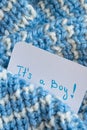 Baby shower `It`s a boy`, announcement card on cozy woolen blue blanket and space for text Royalty Free Stock Photo