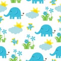 Baby shower seamless pattern with Cute elephant, butterfly, flowers, and sun