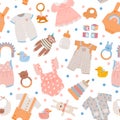 Baby shower seamless pattern. Cute newborn clothes, toys and accessory for boys and girls, bottle, dress and bodysuit Royalty Free Stock Photo