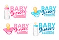 Baby Shower set.Blue and pink realistic baby bottles and pacifi Royalty Free Stock Photo
