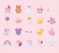 Baby shower, set icons include pram bear rattle cube duck toys and more Royalty Free Stock Photo