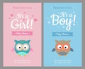 Baby shower set. Invitation template with cute little owls illustration, hearts and stars. It`s a boy, It`s a girl - Vector Royalty Free Stock Photo