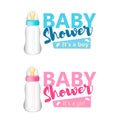 Baby Shower set. Realistic blue and pink baby bottles icon. Vector. Royalty Free Stock Photo