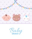 Baby shower, spotted background with faces bear boy and rabbit, welcome newborn celebration card Royalty Free Stock Photo