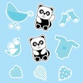 Baby shower sticker set with baby panda, baby cart, and baby clothes