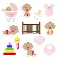 Baby Shower Stickers. Baby girl icons.