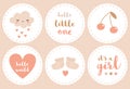 Baby Shower Stickers with Cloud, Hearts, Cherries and baby Boots. baby Girl Party.