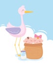 Baby shower, stork with babies in basket and bottle milk, celebration welcome newborn