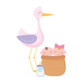 Baby shower, stork with babies in basket and bottle milk, celebration welcome newborn