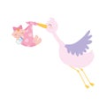 Baby shower, stork carrying baby girl in blanket, celebration welcome newborn