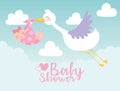 Baby shower, stork carrying little girl in blanket, welcome newborn celebration card