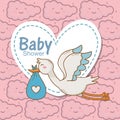 Baby shower stork diaper blue heart sticker clouds background