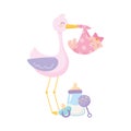 Baby shower, stork with girl milk bottle rattle and pacifier, celebration welcome newborn