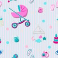 Seamless pattern with babyish attributes such as carriage, diaper, footprints, toys, milk bottle and soother