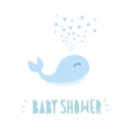 Baby Shower Sweet Vector Illustration. Cute Abstract Blue Whale. Light Blue Hand Written Letters. White Background. Royalty Free Stock Photo