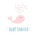 Baby Shower Sweet Vector Illustration. Cute Abstract Pink Whale. Light Blue Hand Written Letters. White Background. Royalty Free Stock Photo