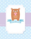 Baby shower, teddy bear ribbon dotted blue background Royalty Free Stock Photo