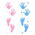 Baby shower theme.Baby girl, baby boy symbols. Hand print, foot print vector Royalty Free Stock Photo