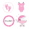 Baby shower theme, baby girl symbols. Body, circle frame banner, stroller and pink foot prints vector Royalty Free Stock Photo