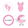 Baby shower theme, baby girl symbols. Body, circle frame banner, stroller and pink foot prints Royalty Free Stock Photo